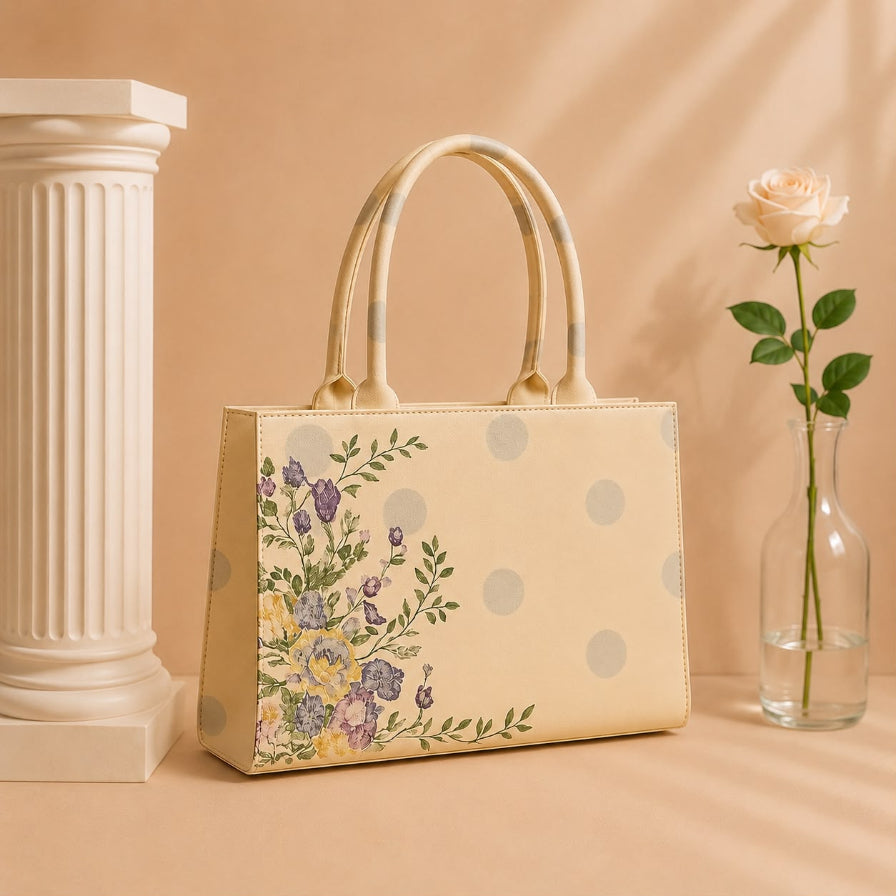 A beige tote bag with a floral print and gray polka dots, styled on a beige surface next to a white column and a glass vase with a rose.