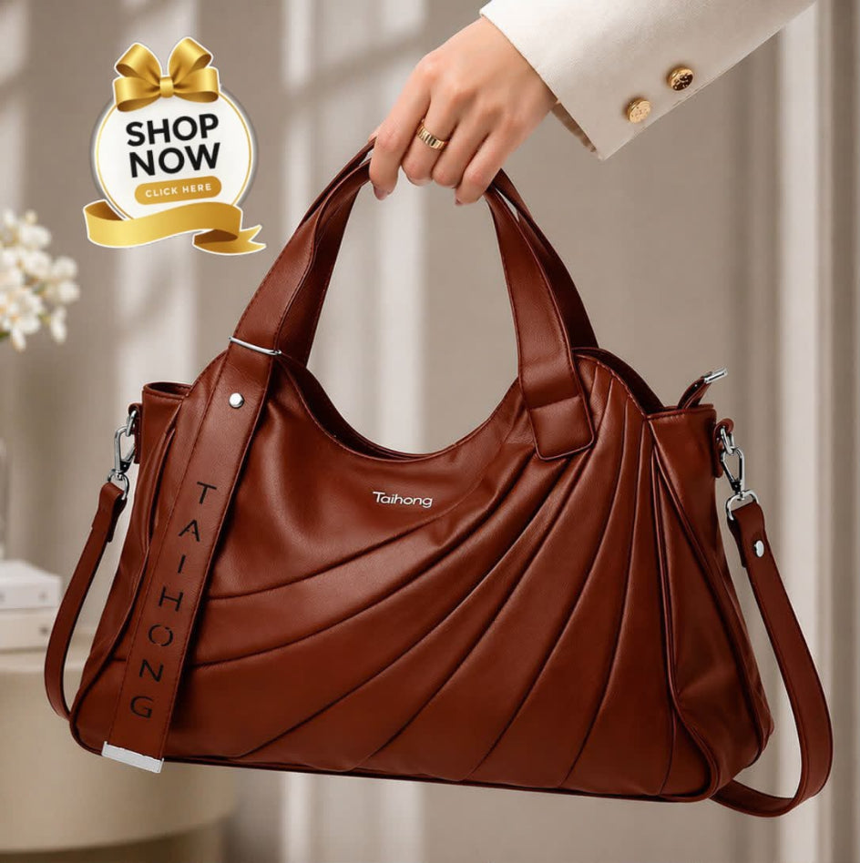 A brown faux-leather handbag