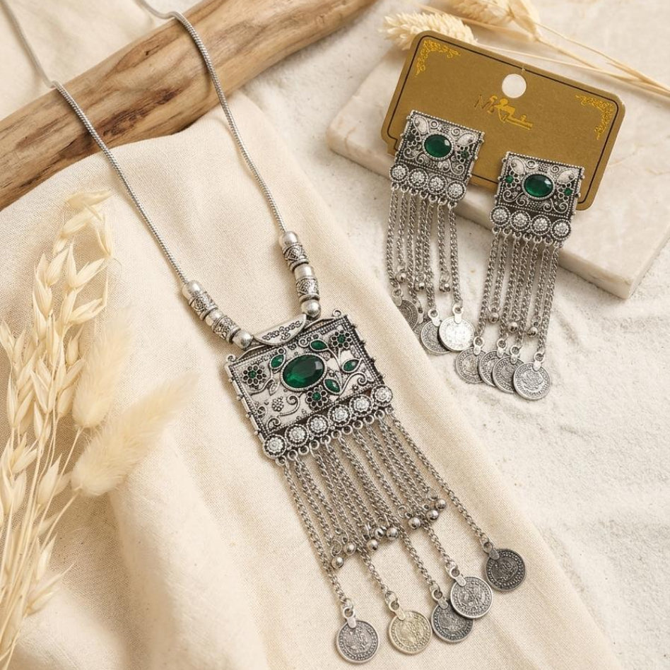 Antique silver-tone coin mala necklace for women

