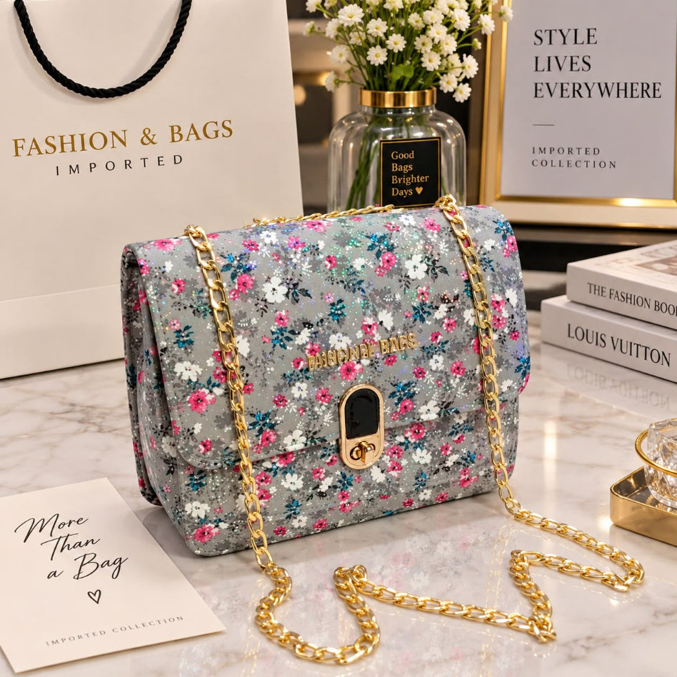 Chic floral printed quilted shoulder bag with gold chain for women