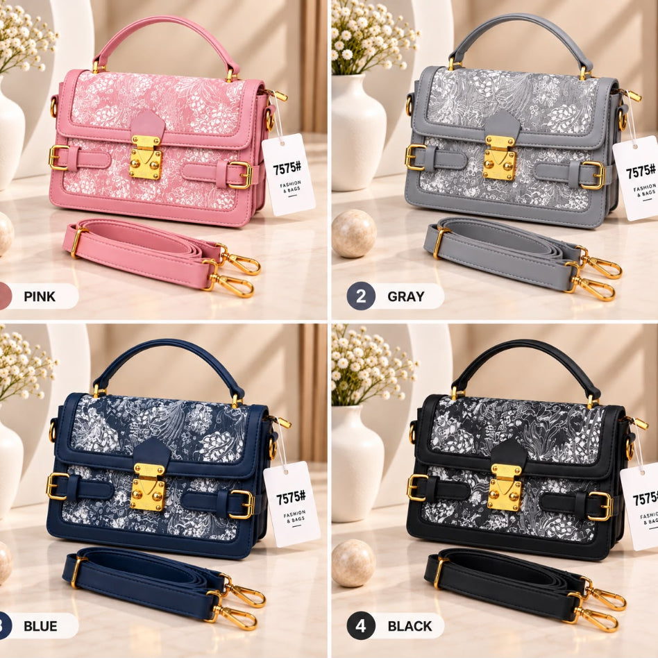 Chic patterned satchel bag with gold hardware for women