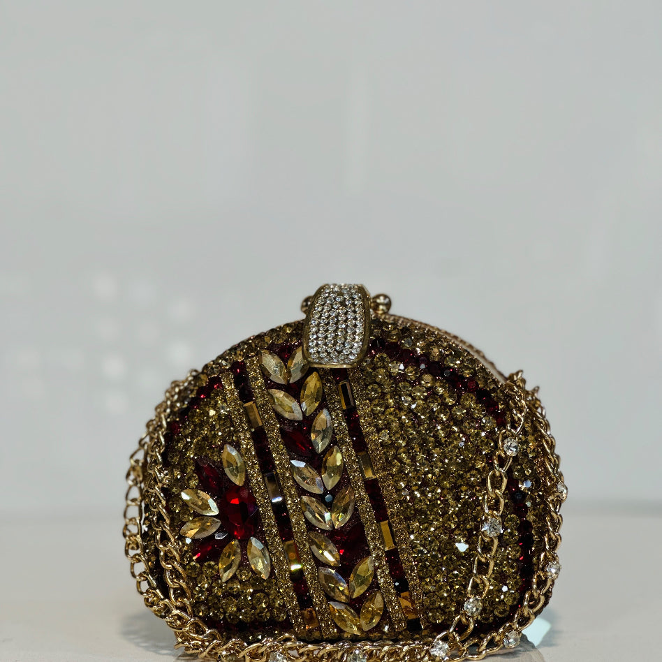 Close-up of crystal embellishments on an evening clutch bag