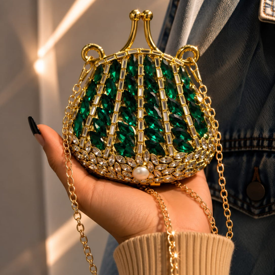 Close-up of marquise-shaped rhinestones on a bridal clutch
