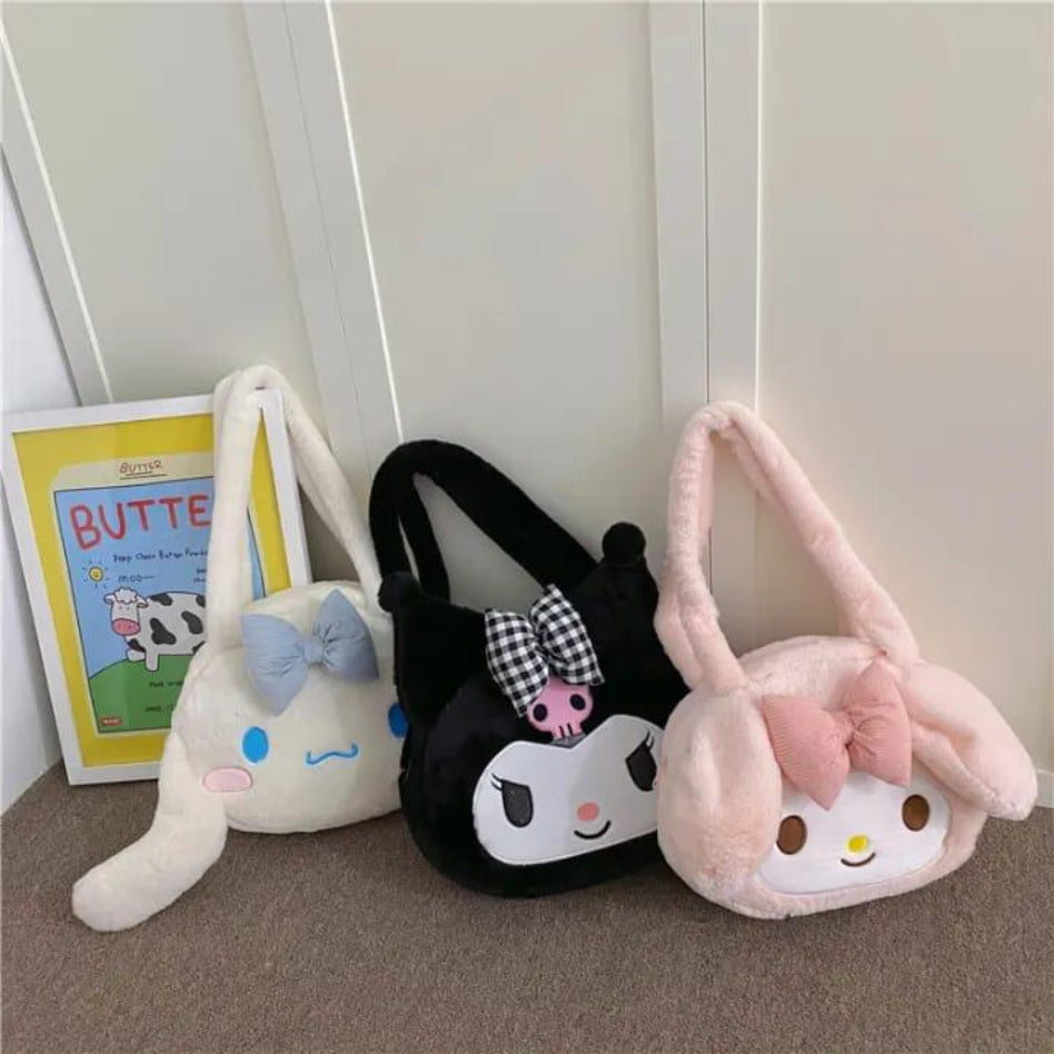 Close-up of plush handles on a soft character tote handbag