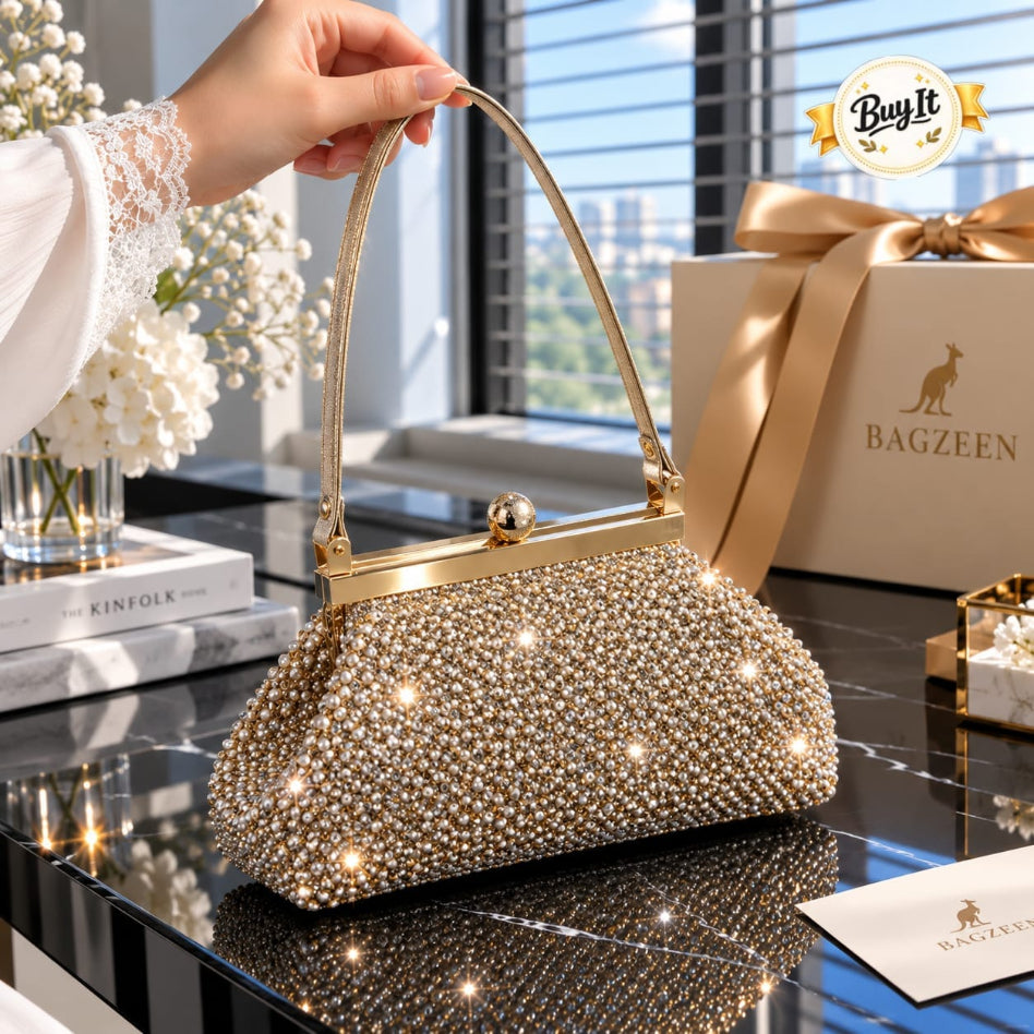 Crystal beaded party clutch with top handle and frame clasp by Rivaalane