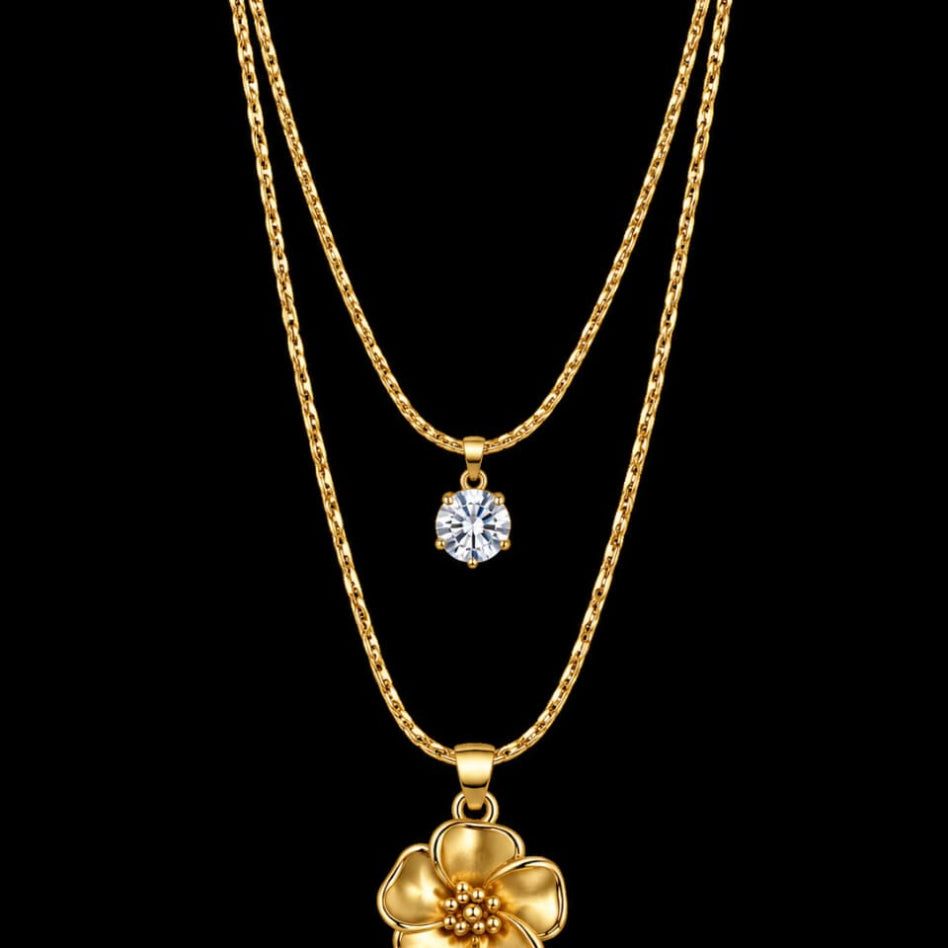 Dainty zirconia-style stone charm necklace with layered chain detail | Rivaalane