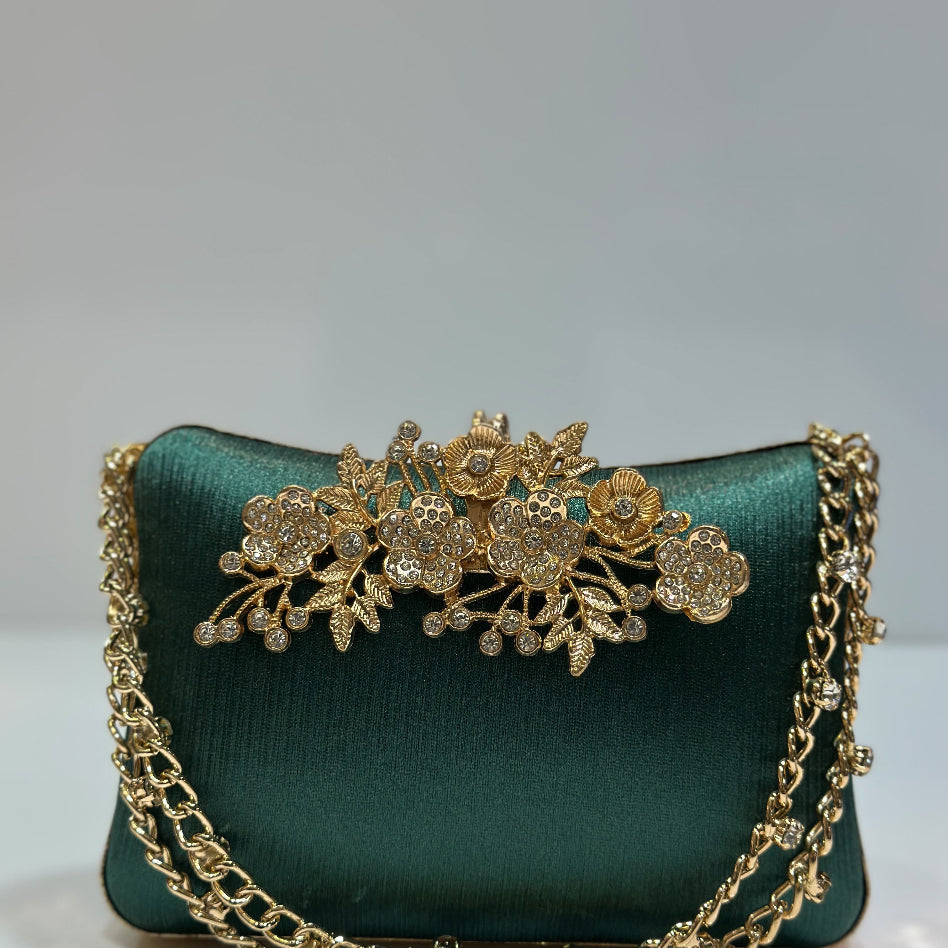 Detailed view of rhinestone embellishments on a bridal clutch purse