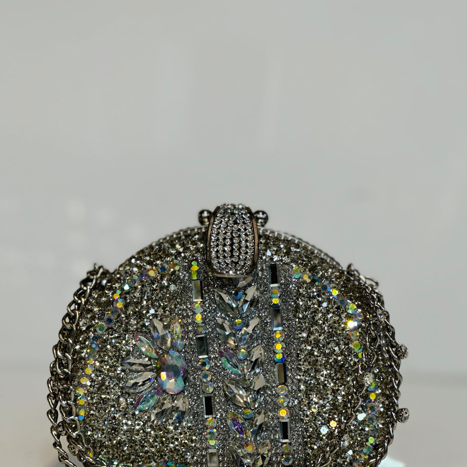 Double-sided crystal evening clutch displayed from the front

