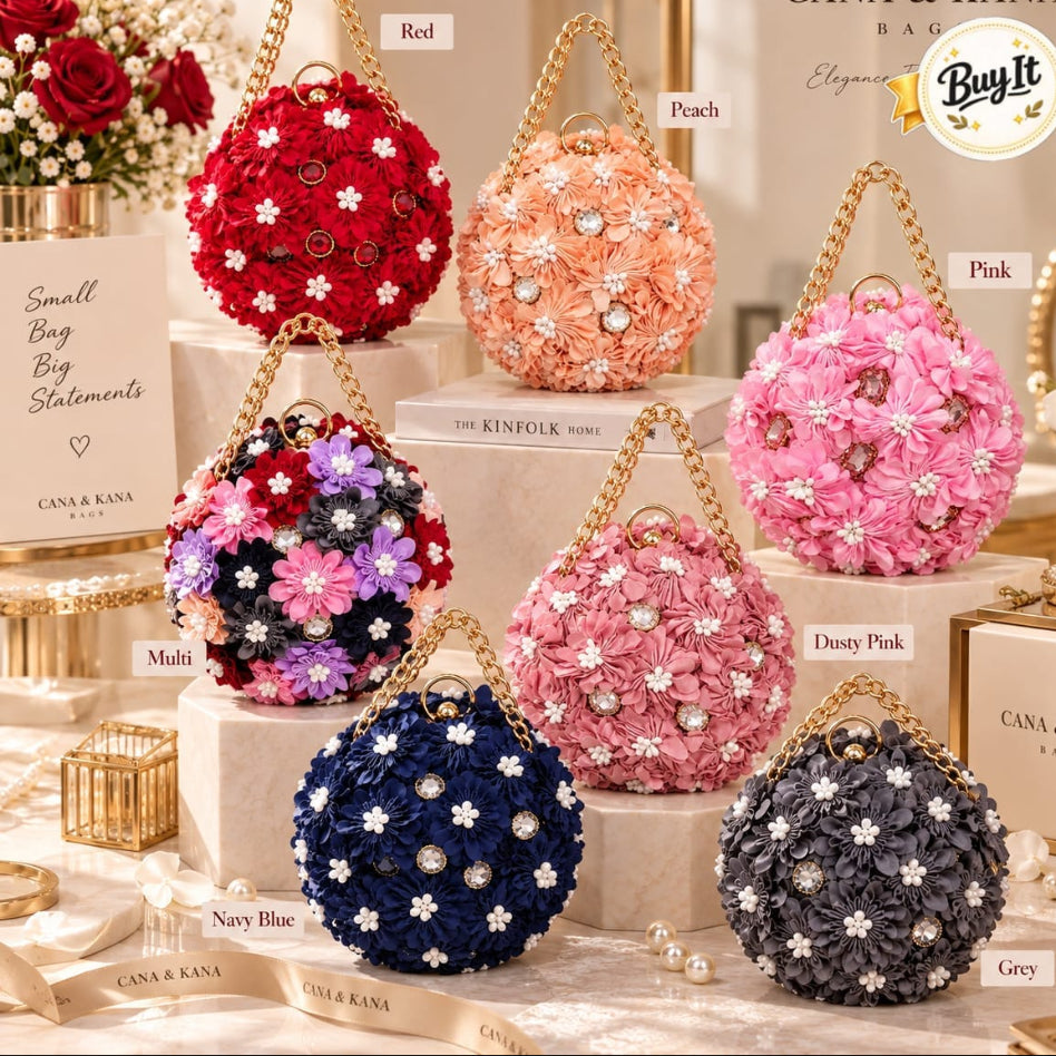 Eight round floral embellishment handbags