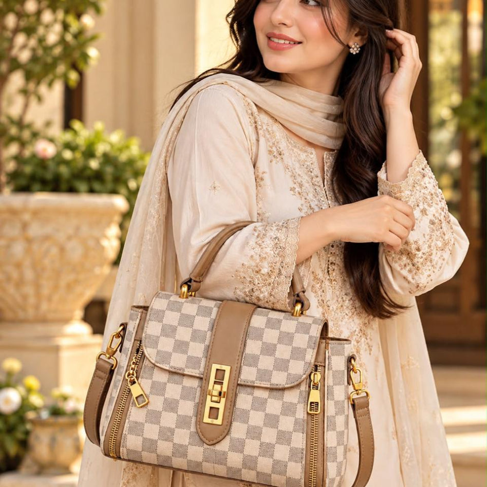 Elegant checkerboard handbag for women with structured design