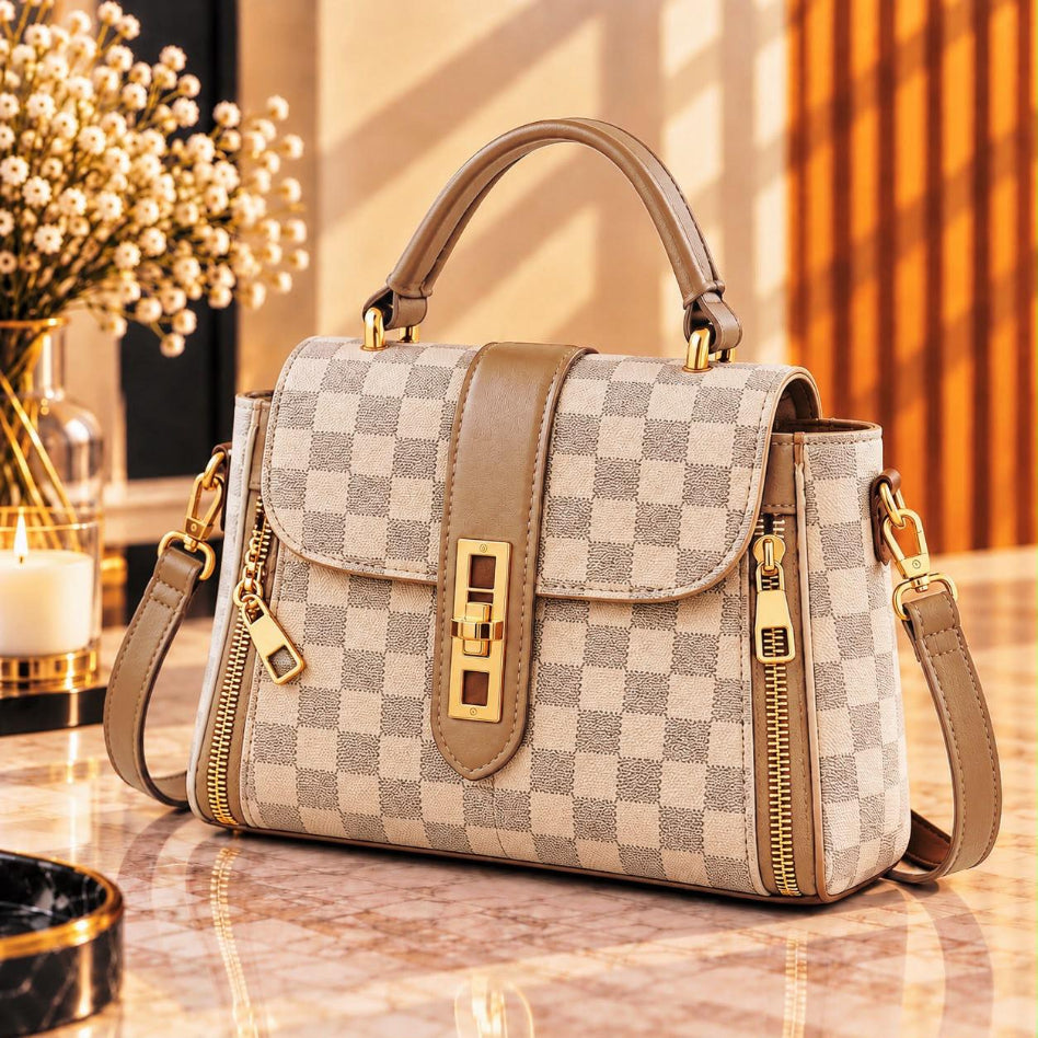 Elegant checkerboard pattern handbag with top handle