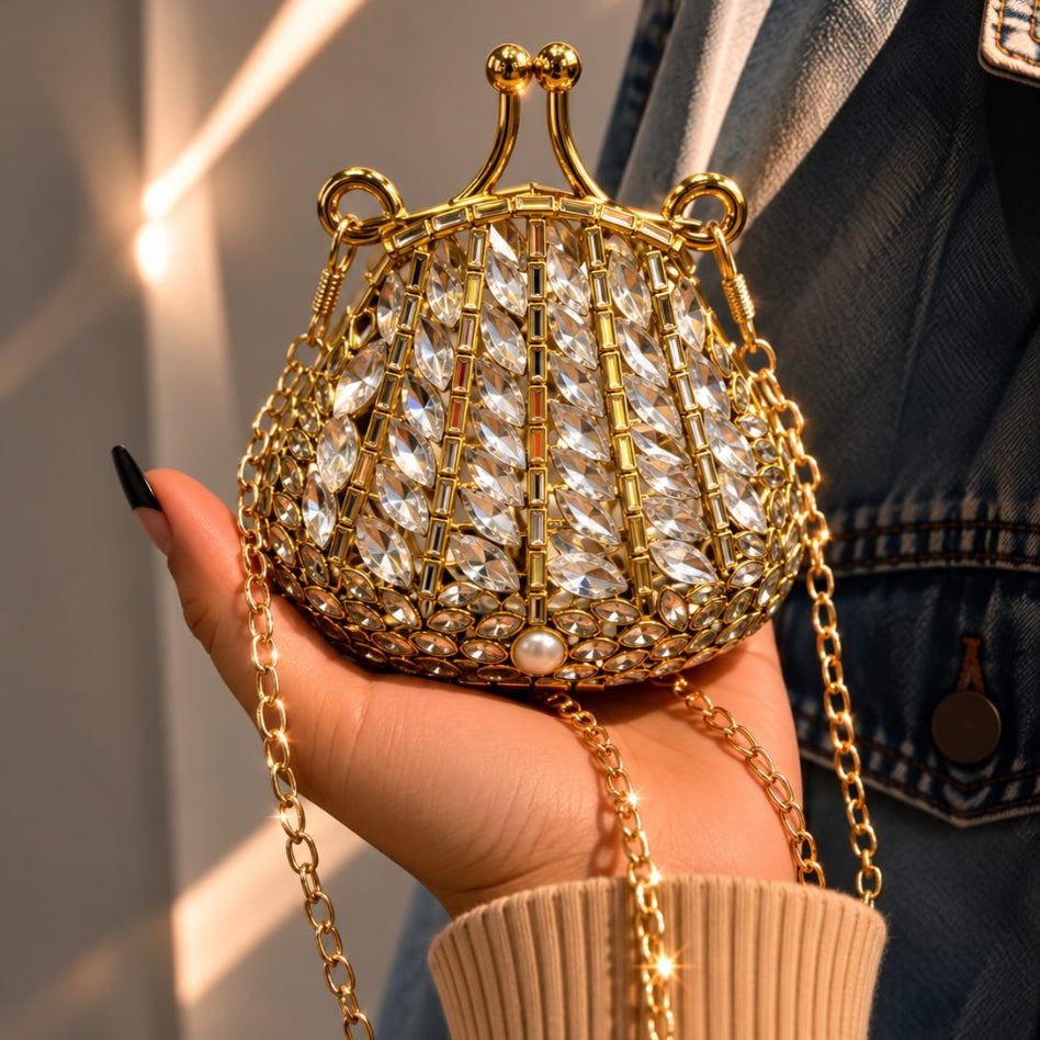 Elegant marquise-cut rhinestone bridal pouch clutch for women