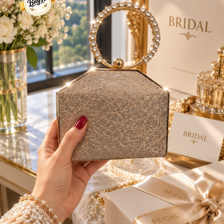 Elegant shimmering hard case clutch with diamond ring handle for women