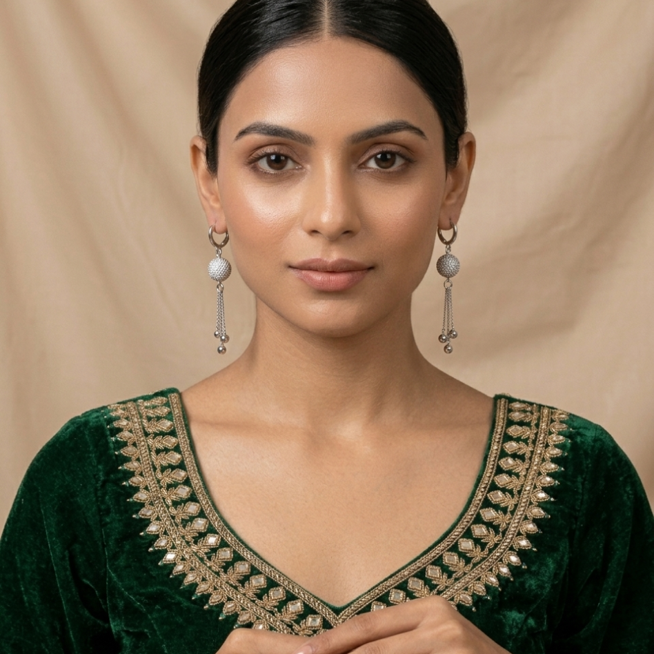 Elegant silver crystal ball dangle earrings with tassel detail