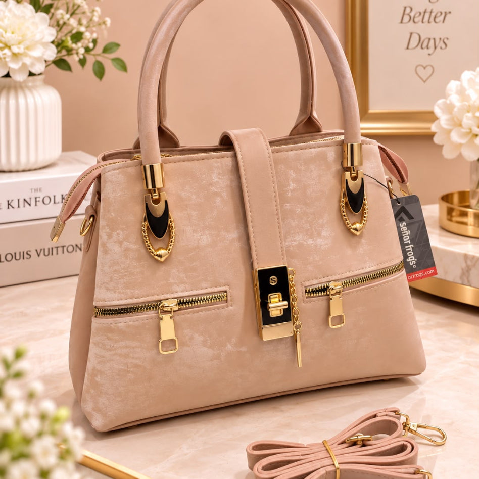 Elegant structured handbag with front zippers and gold hardware for women