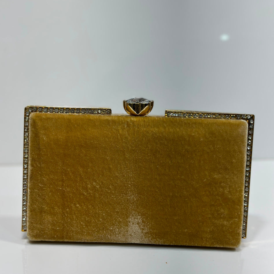 Elegant velvet party clutch with sparkling rhinestone border
