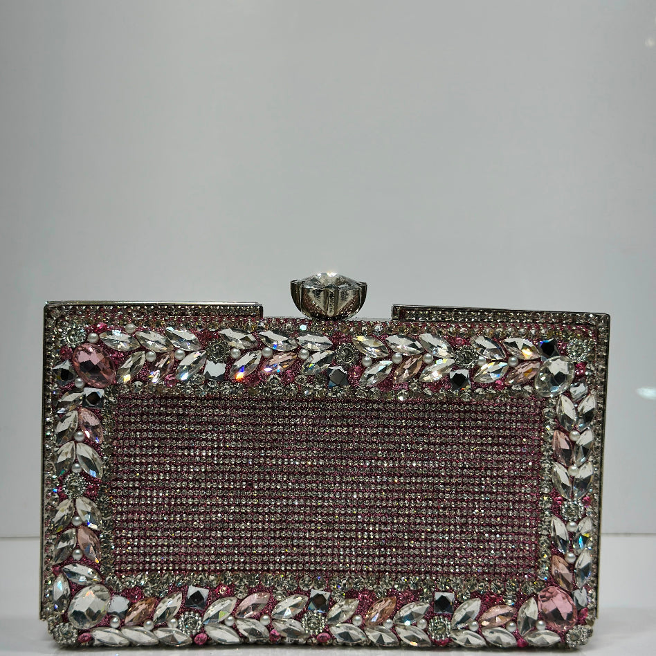 Floral crystal border hard case evening clutch for women