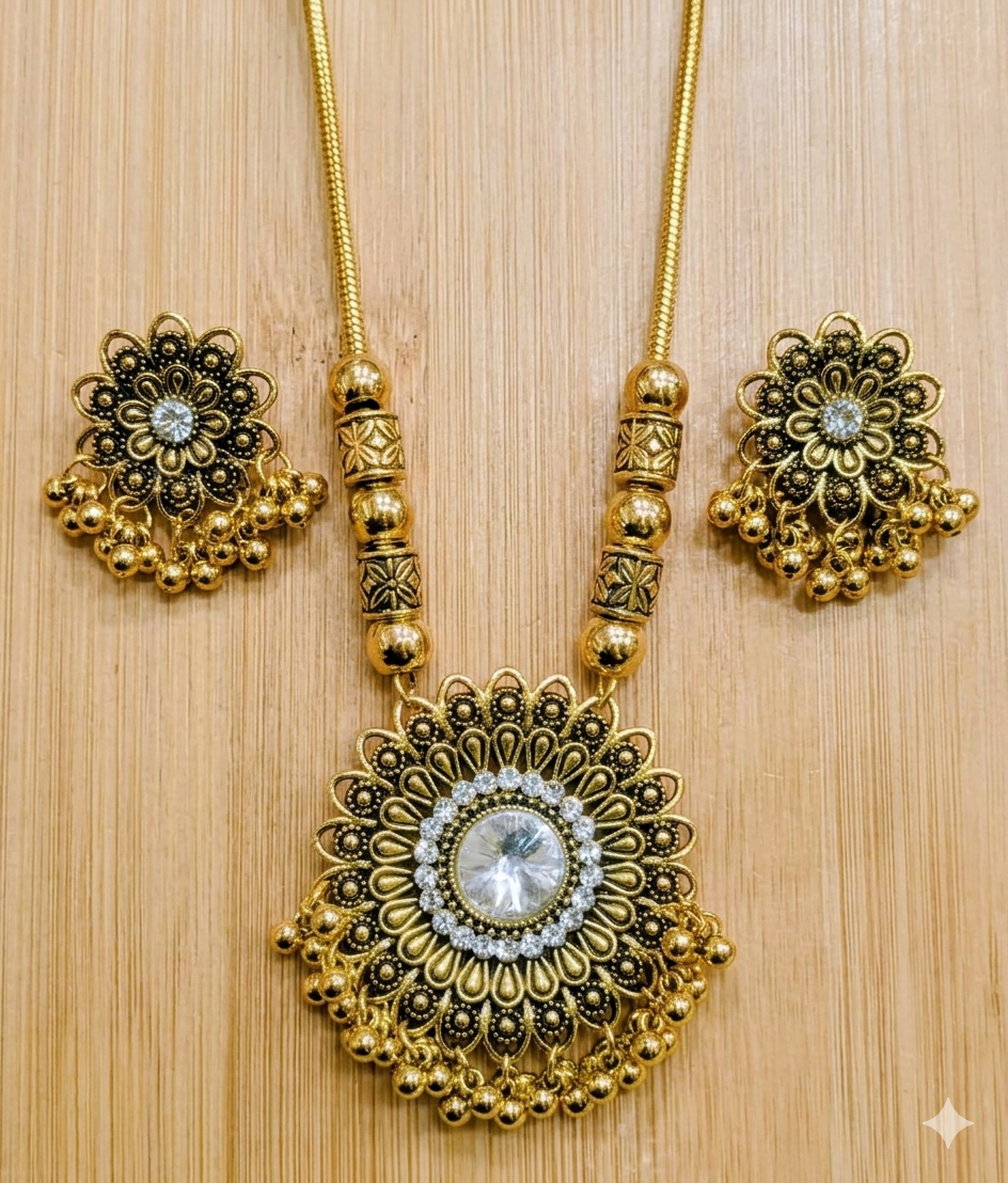 Floral pendant choker necklace with stud earrings
