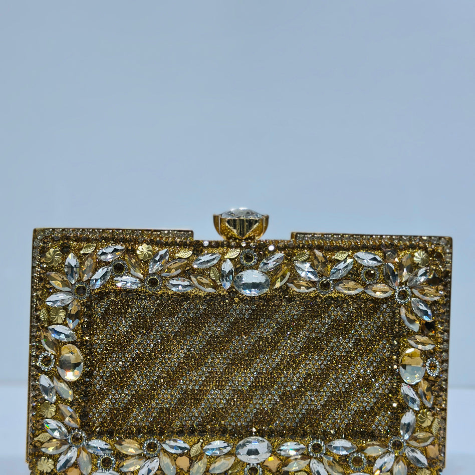 Formal hard case clutch with sparkling floral crystal detailing