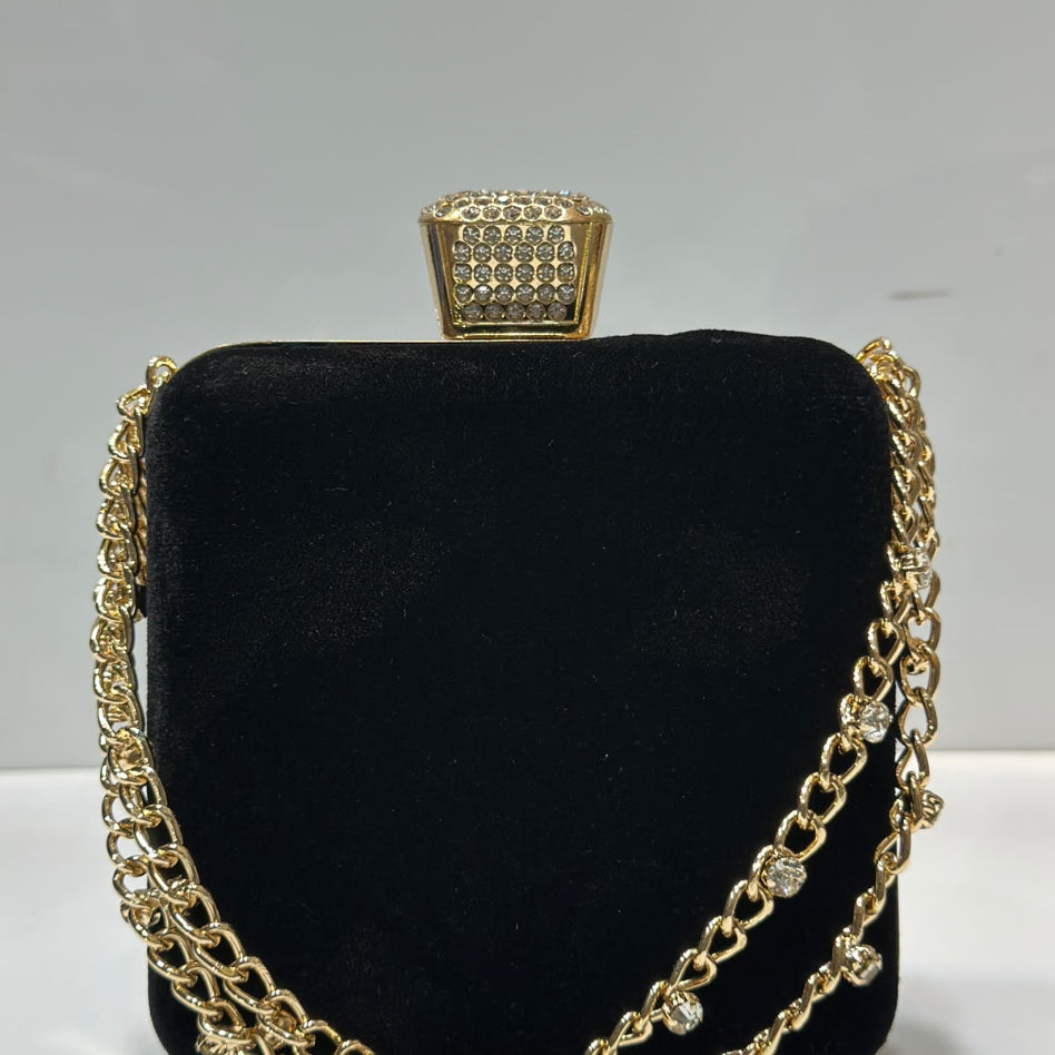 Glitter hard case party clutch with crystal clasp and shoulder chain by Rivaalane