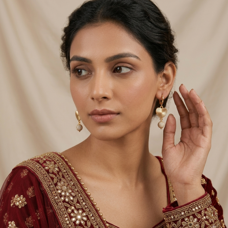 Gold heart and crystal sphere earrings for women by Rivaalane