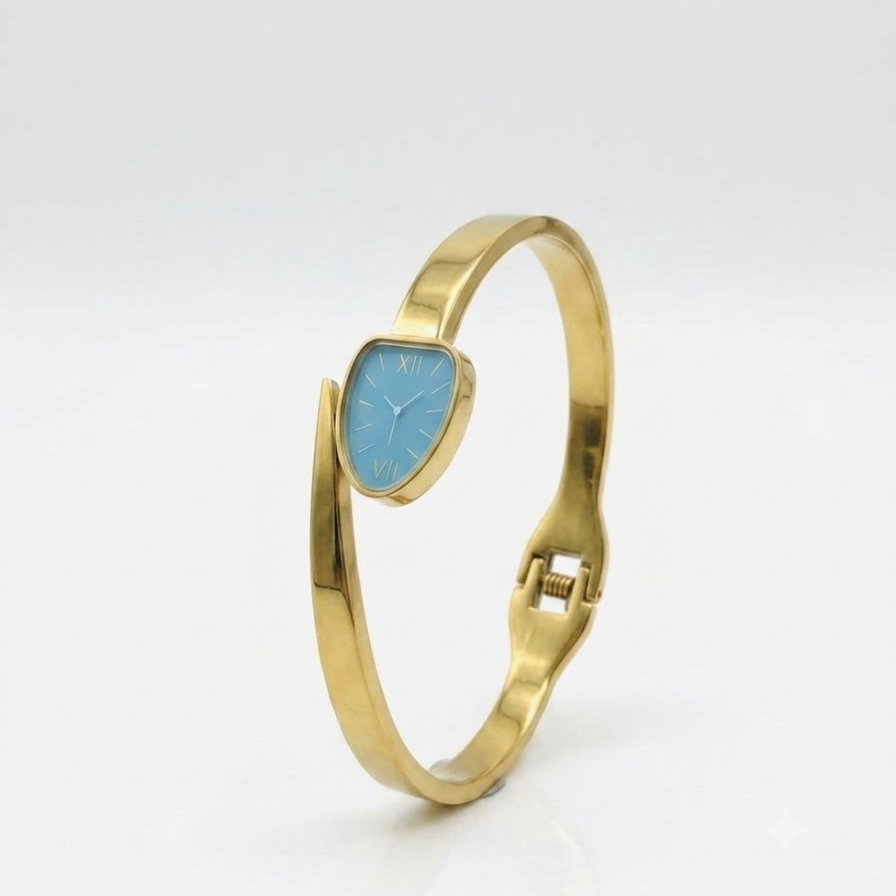 Gold plated bangle bracelet with teardrop watch dial for women