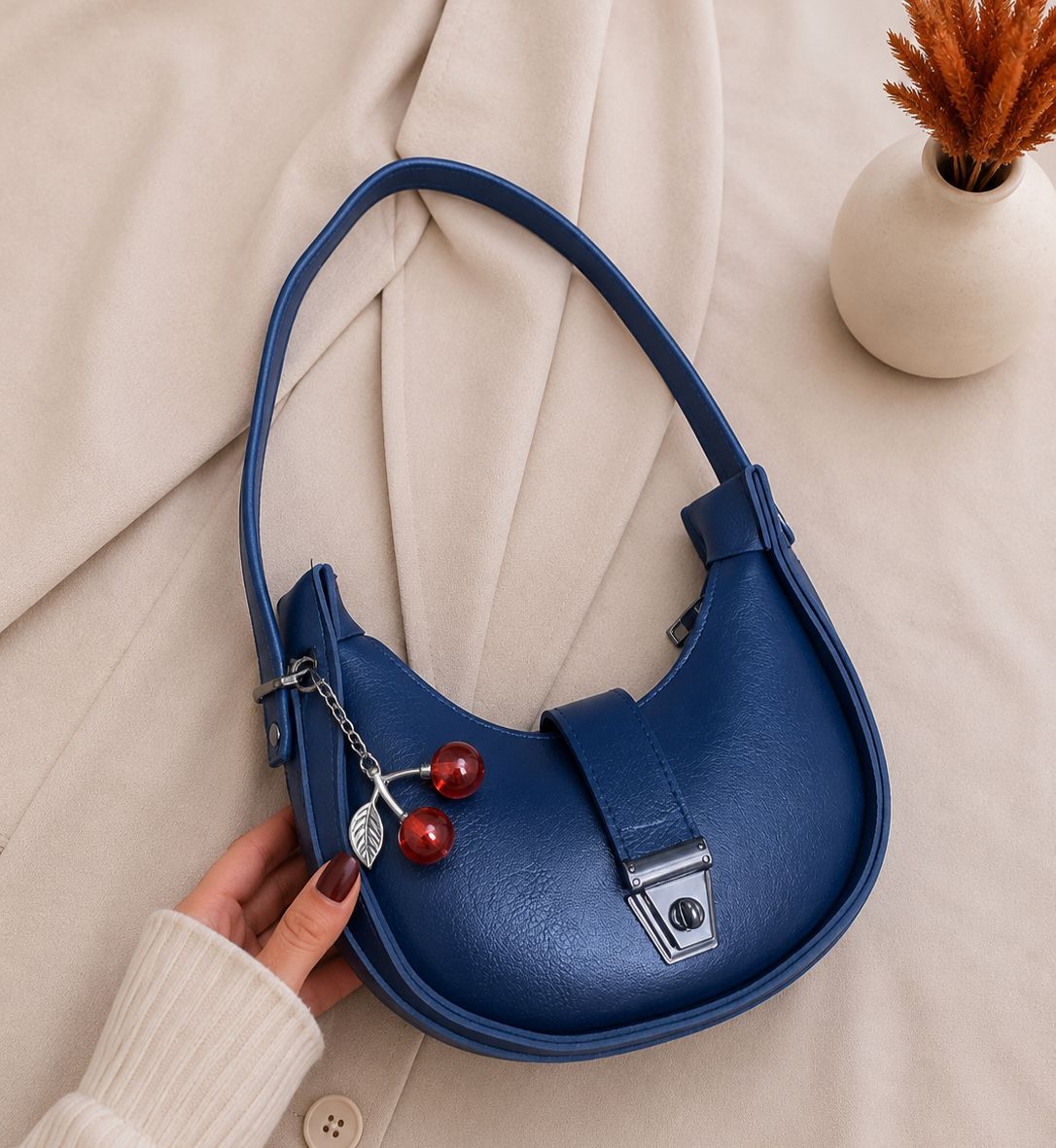 Half moon shoulder bag for women with textured finish