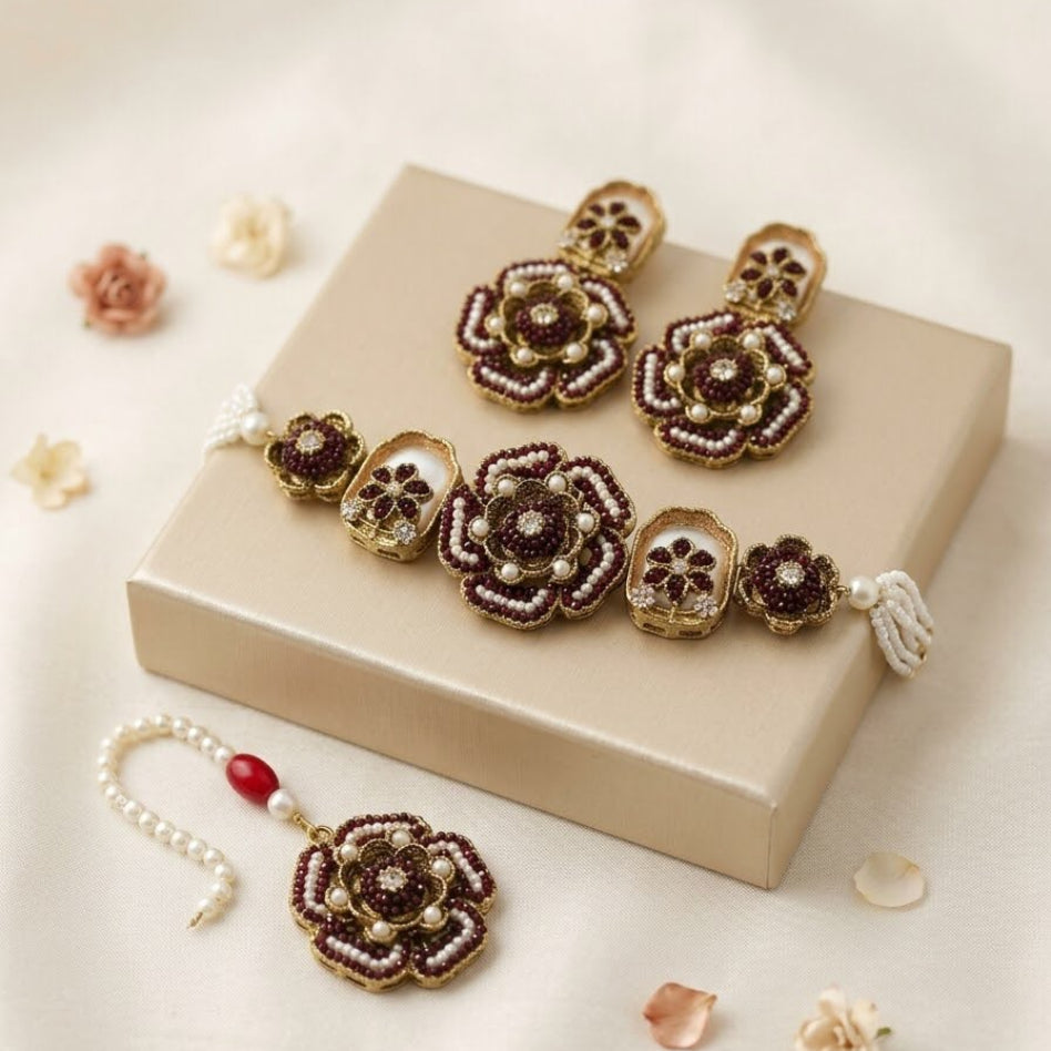 Hand-embroidered pearl choker jewellery set

