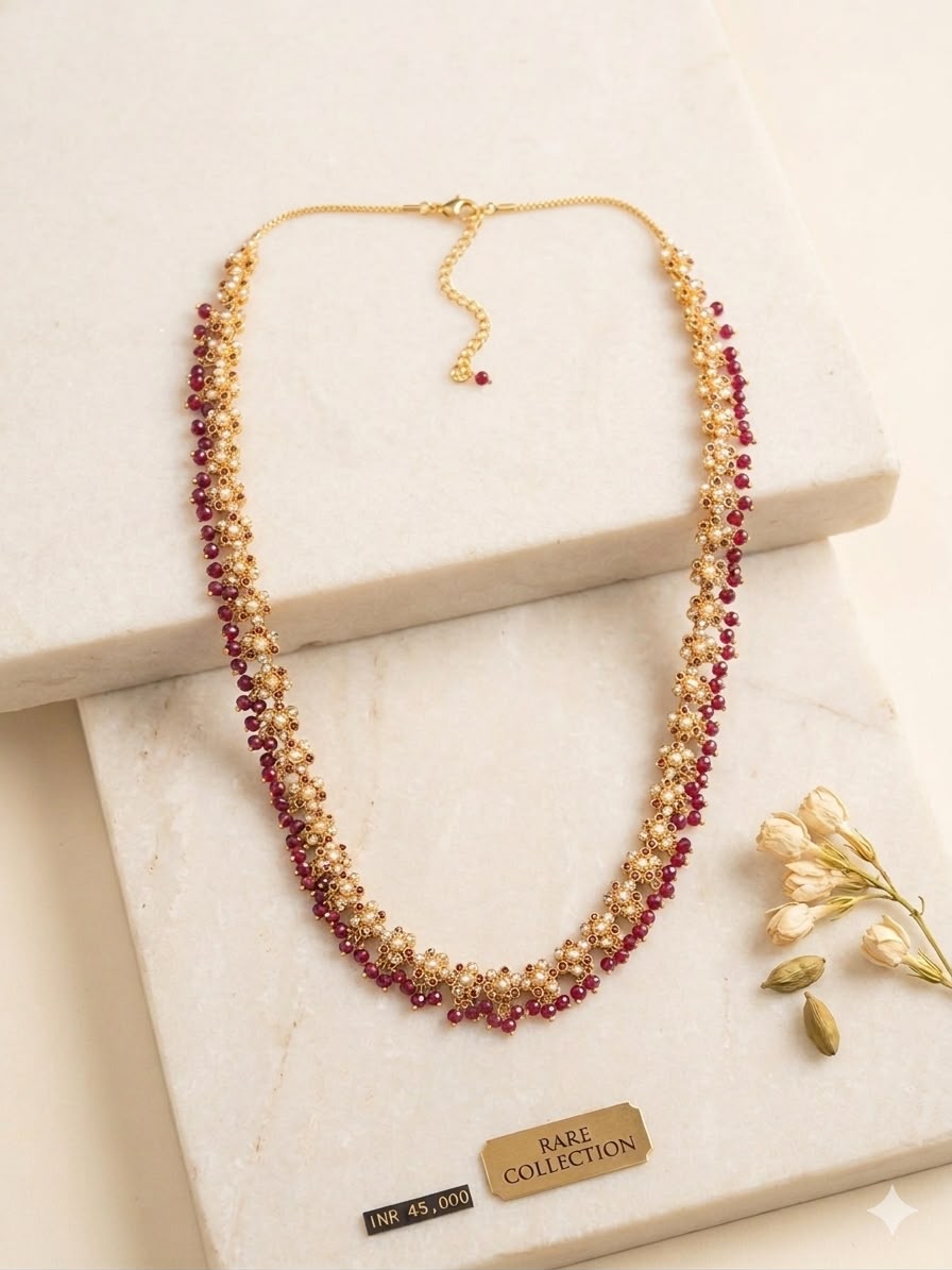 Handmade micro beaded pearl necklace by Rivaalane