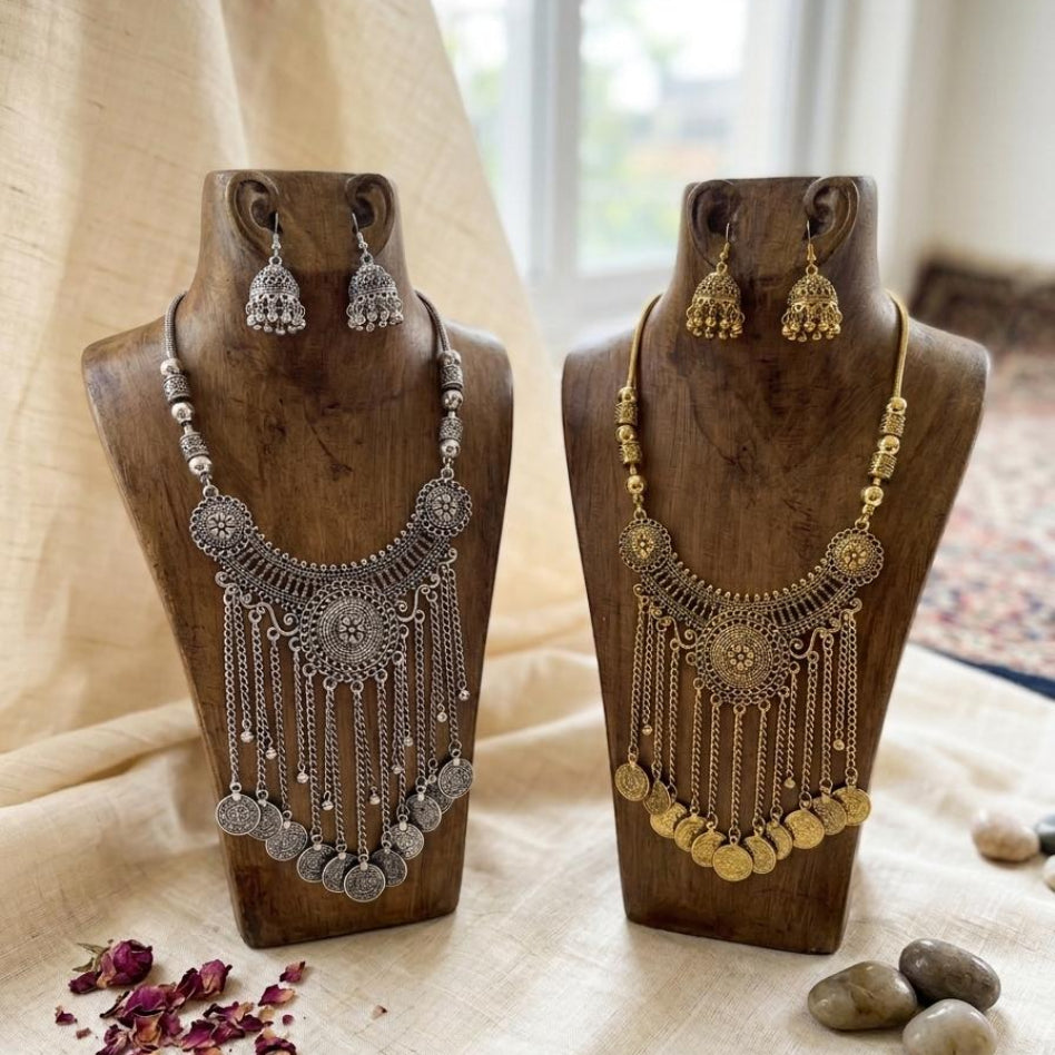 Kashmiri oxidized coin mala necklace set with matching earrings by Rivaalane