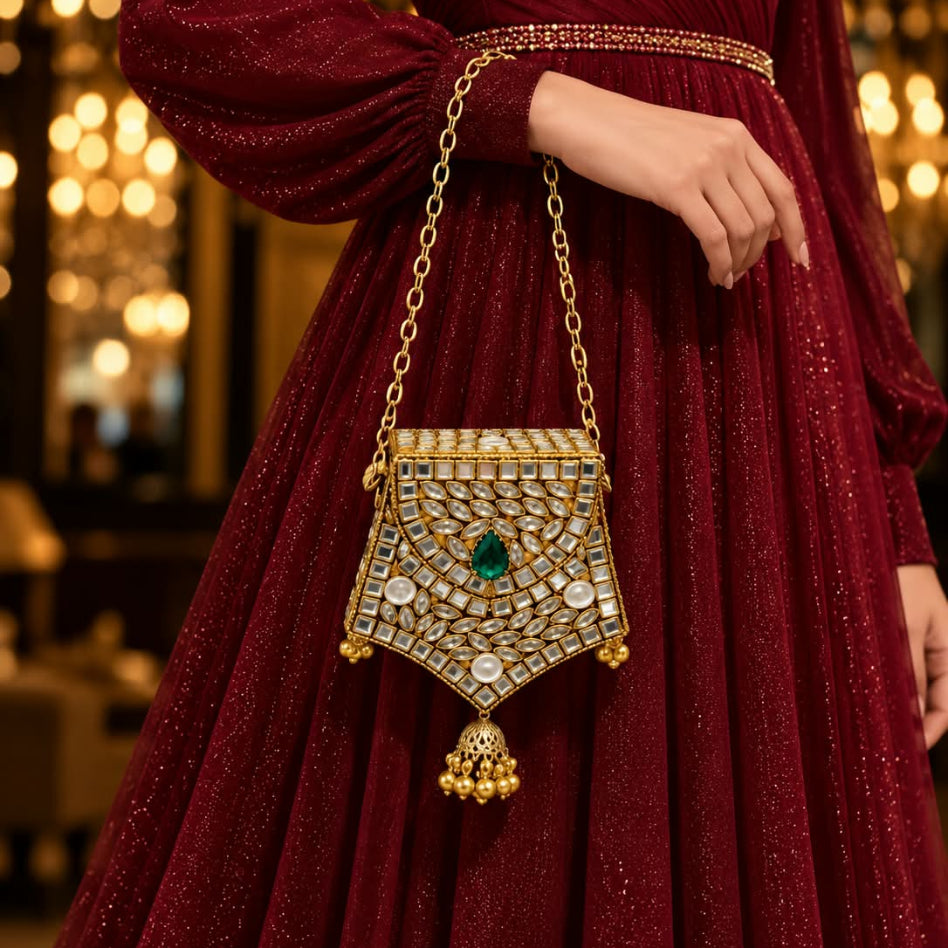 Kundan-style party potli for festive and wedding outfits