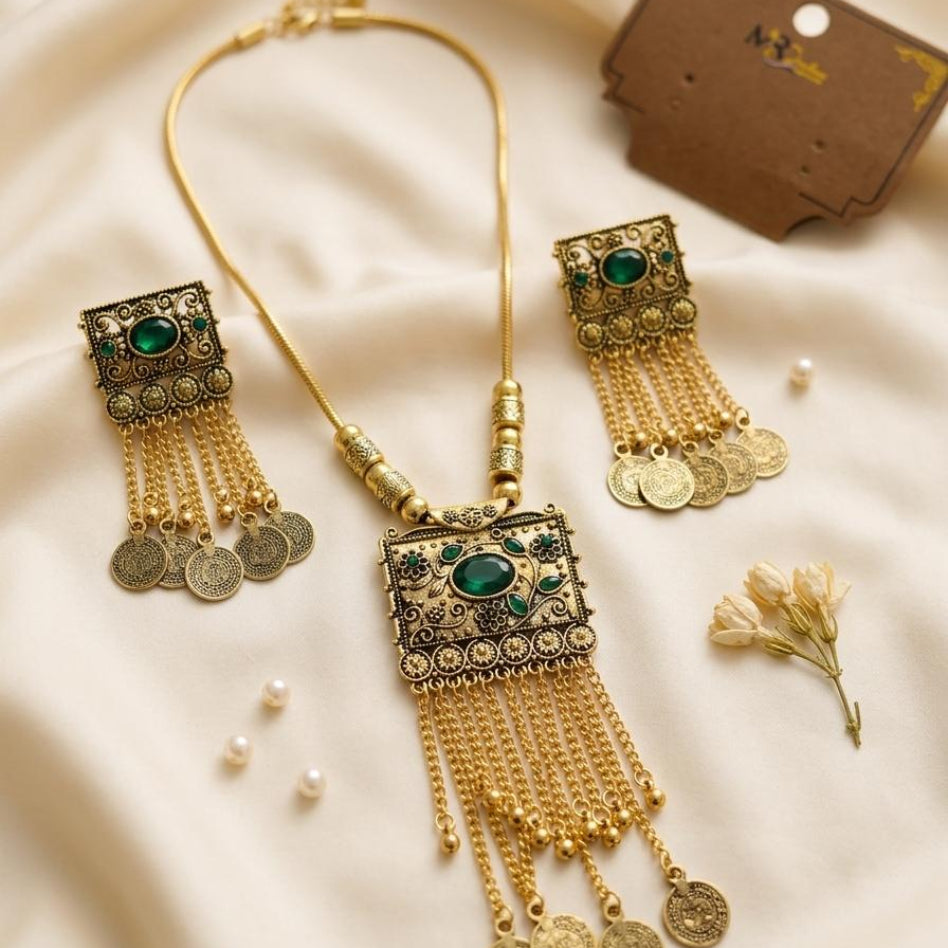 Long coin mala necklace set with coordinated earrings