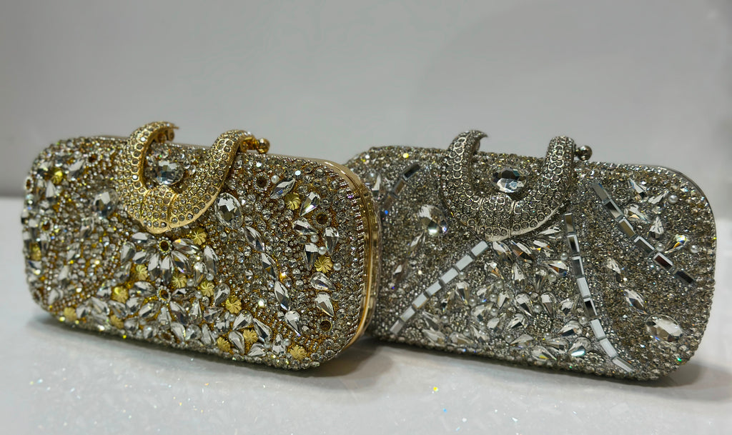 Luxury Crystal Embellished Silver Bridal Box Clutch Bag for Women with Rhinestone Detailing by Rivaalane