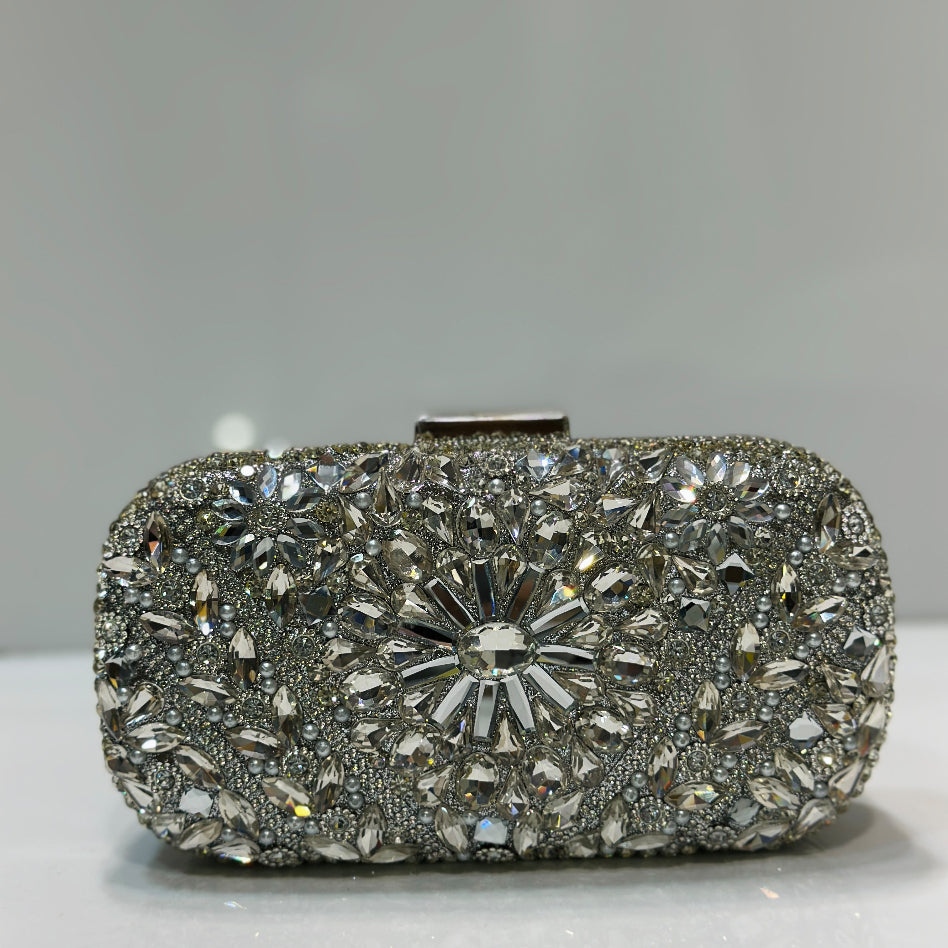 Luxury crystal rhinestone embellished floral party clutch by Rivaalane