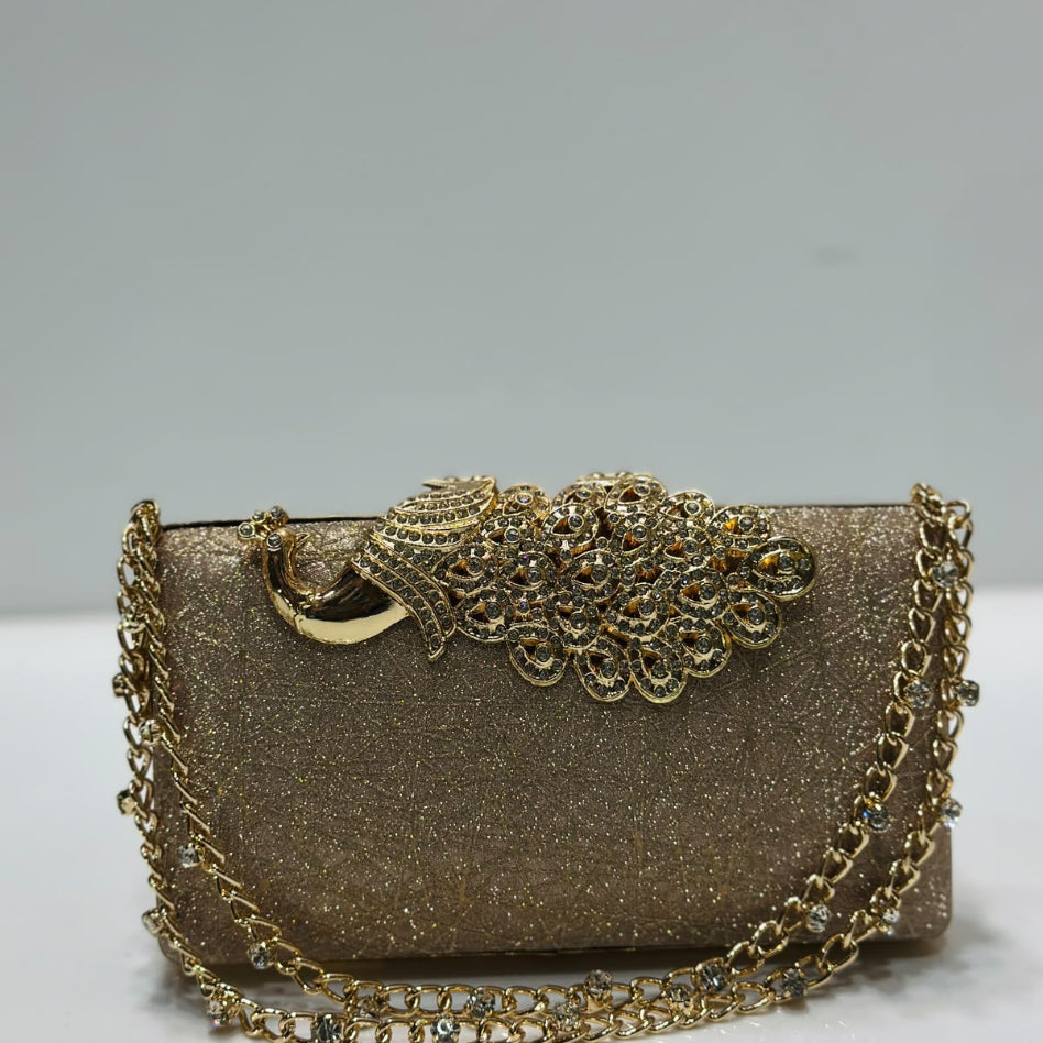 Luxury peacock motif shimmer hard case party clutch with rhinestone chain by Rivaalane

