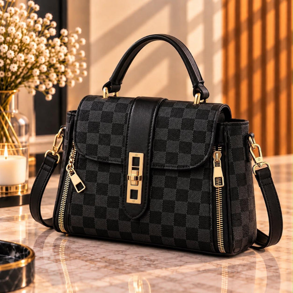 Luxury women's top handle handbag with checkerboard design