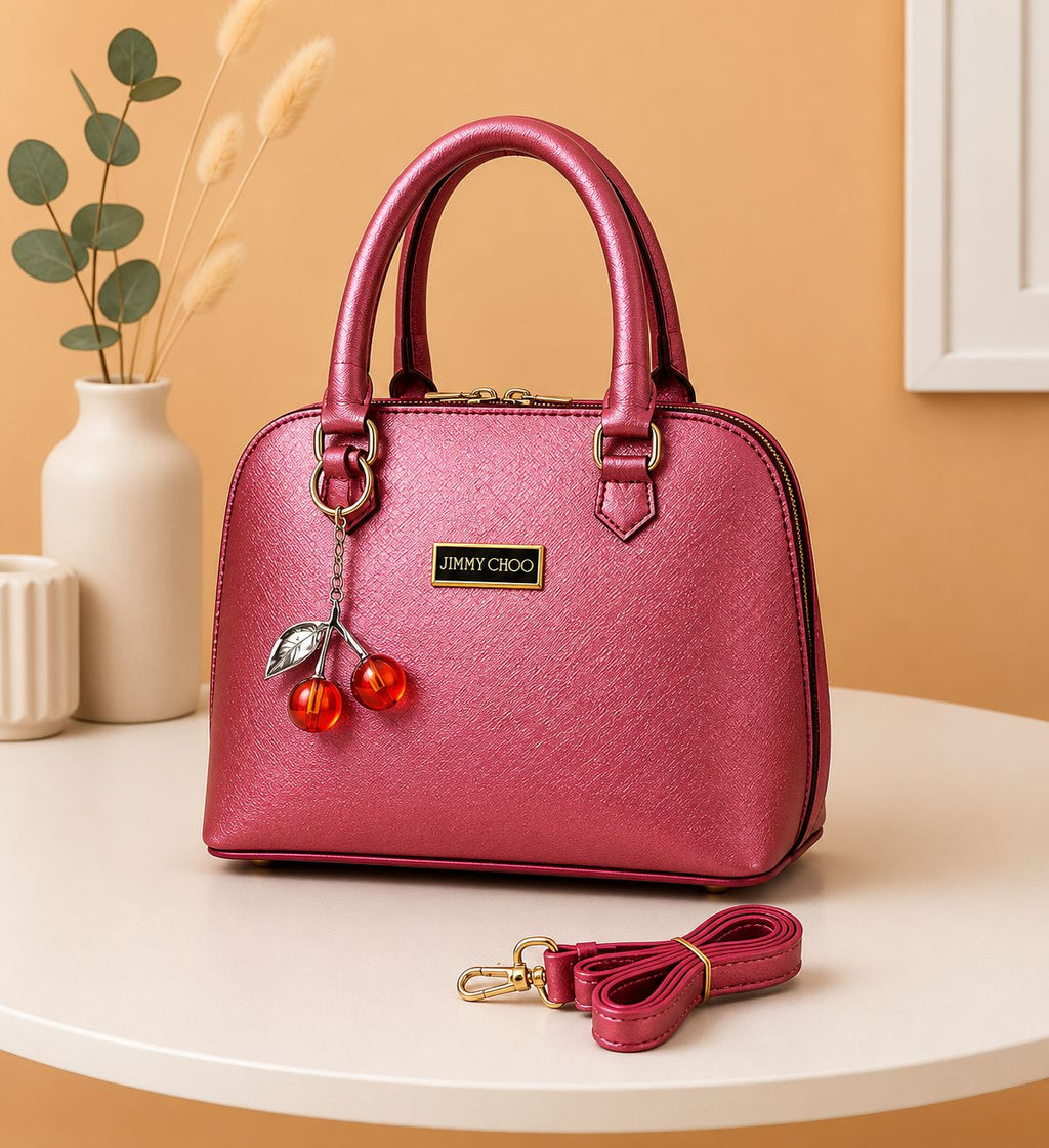 Metallic Top Handle Crossbody Handbag with Cherry Pendant Charm
