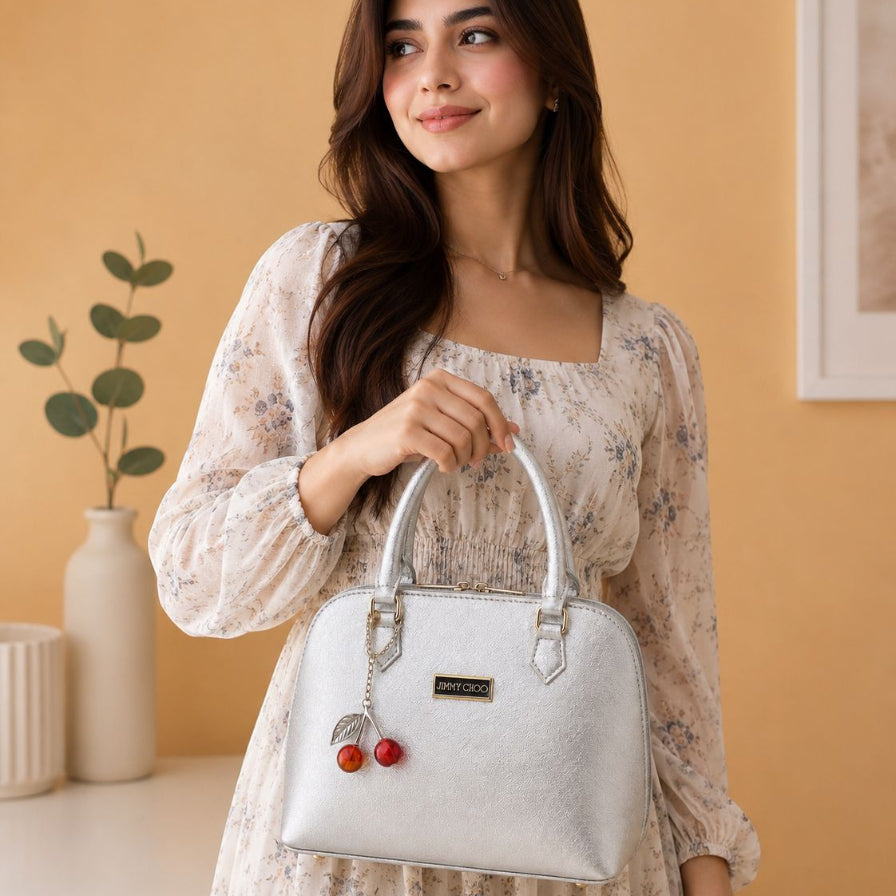 White metallic top handle crossbody bag for women and girls