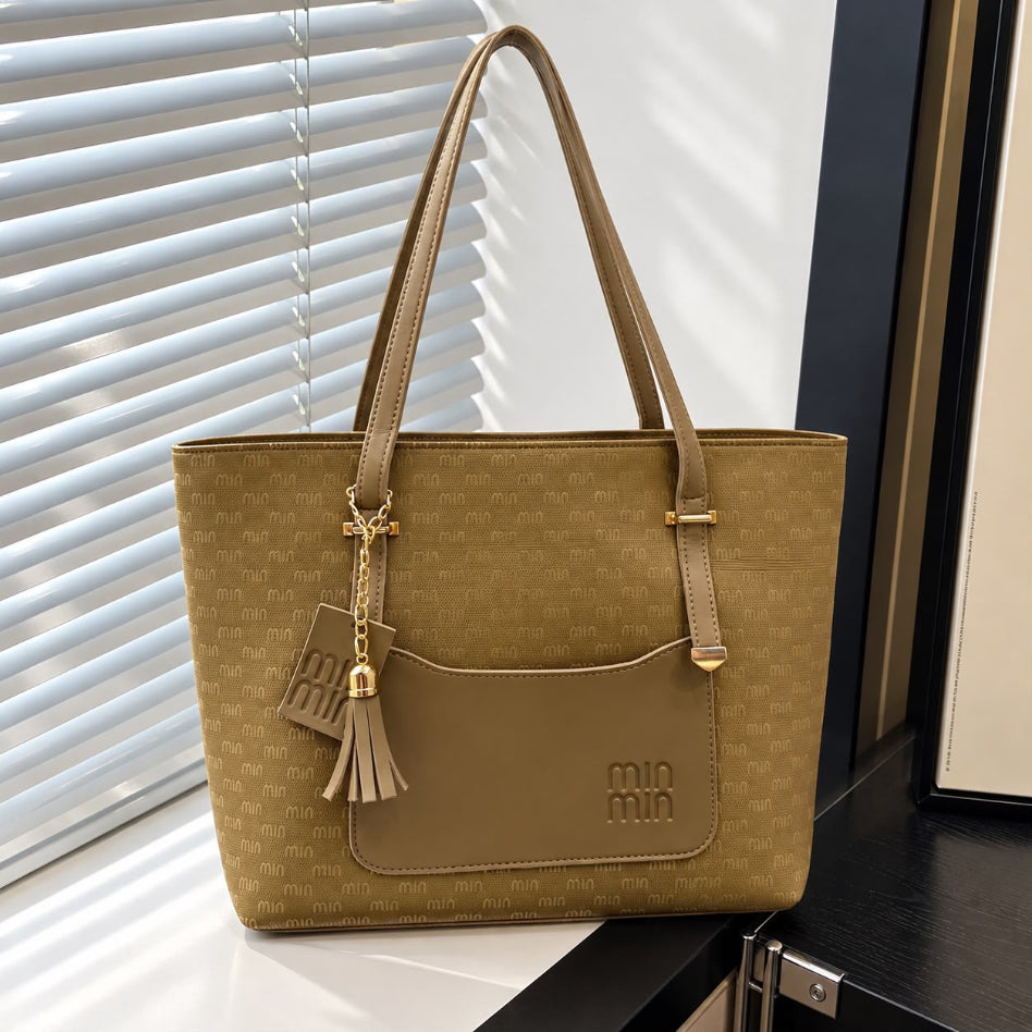 Monogram Pattern Tote Bag with Front Pocket & Tassel Charm