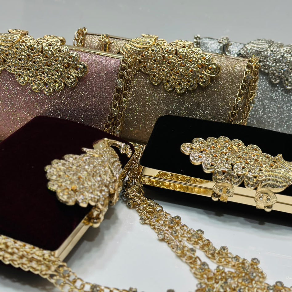 Peacock design clutch for wedding guest outfits