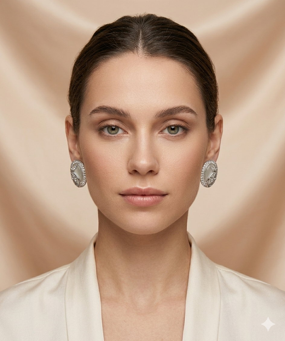 Premium oval stud earrings with leaf detailing