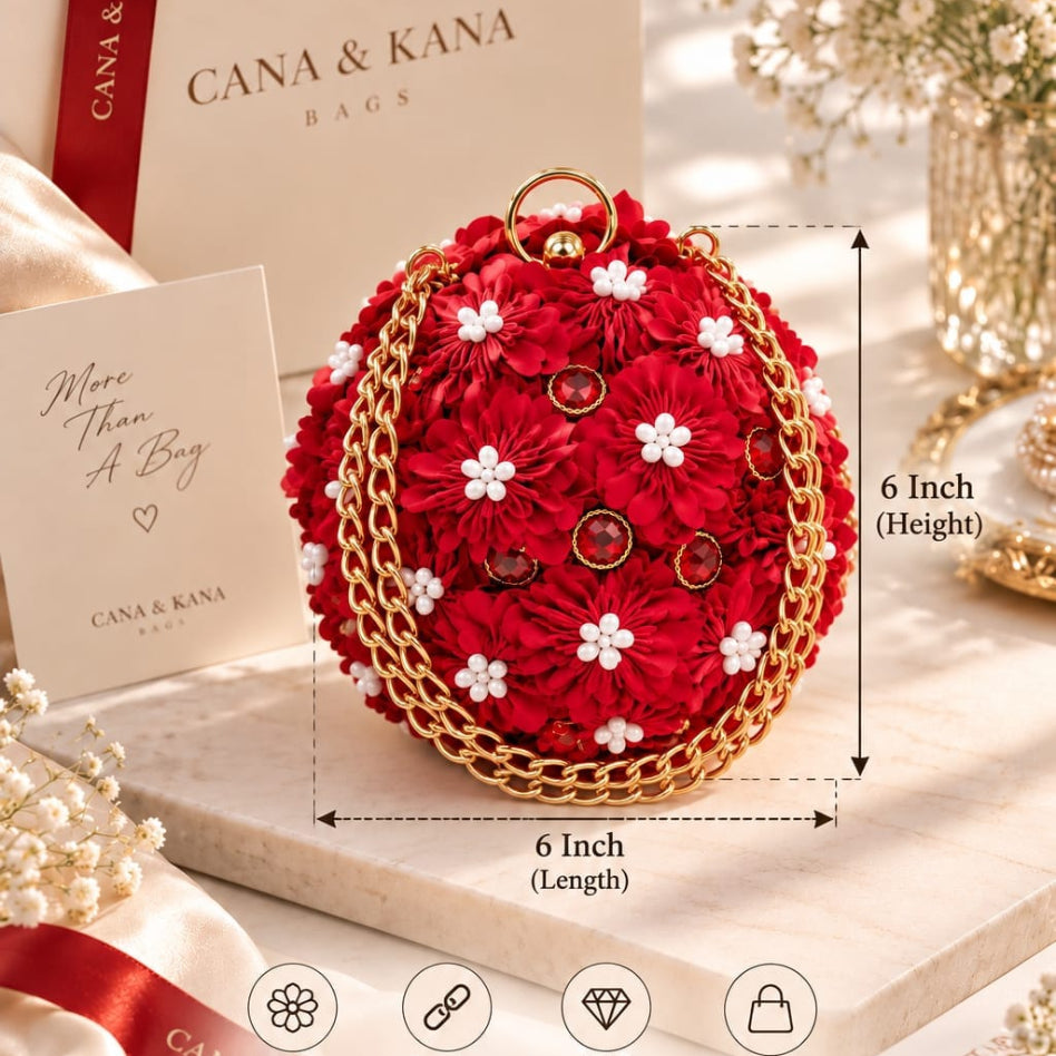 Red fabric-covered round clutch purse with gold chain