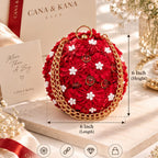 Red fabric-covered round clutch purse with gold chain
