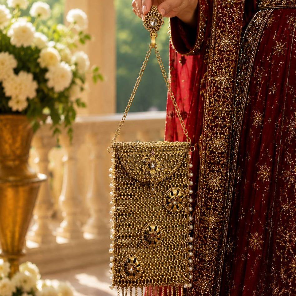Regal antique gold stone-embellished mobile clutch for women by Rivaalane