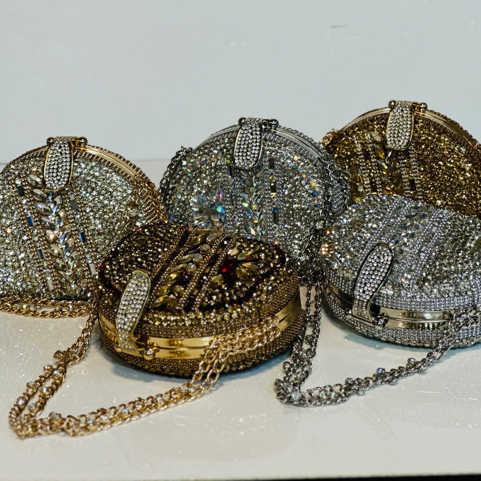 Rhinestone detailing on a luxury women's party clutch