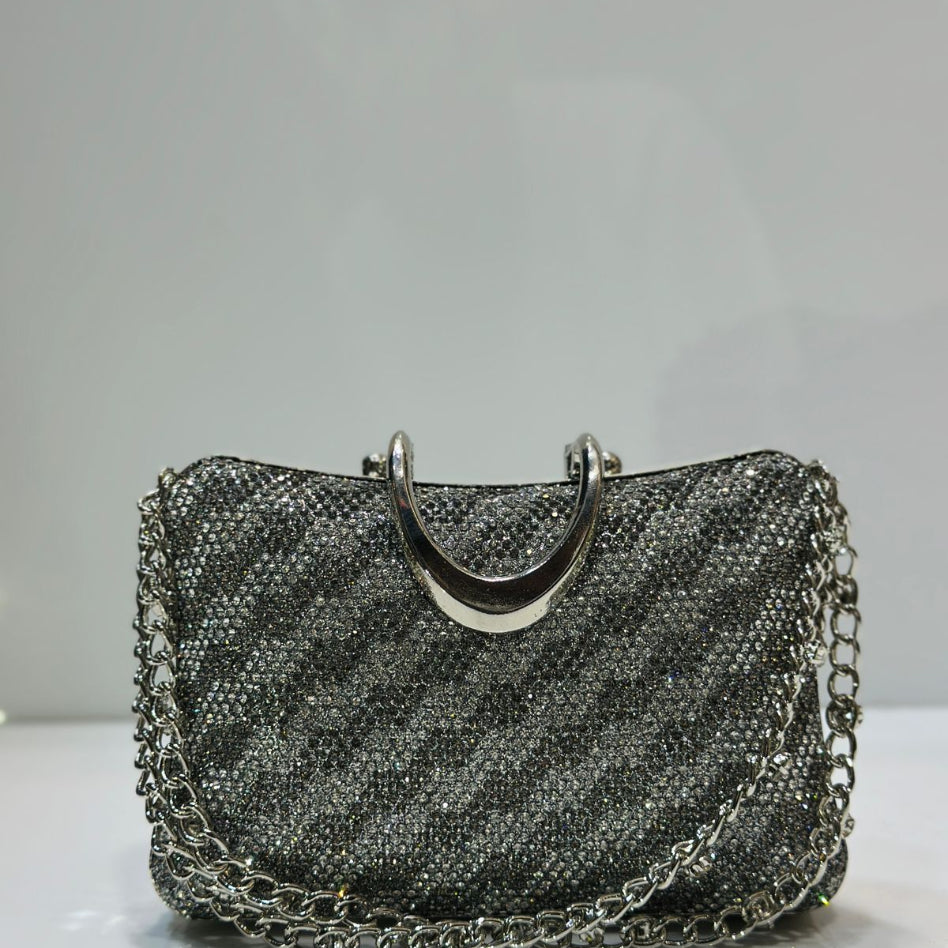 Rhinestone party clutch bag with elegant gold handle