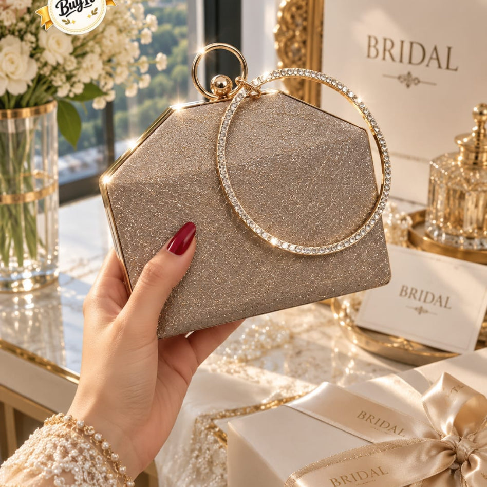 Rivaalane shimmering bridal clutch with diamond ring handle