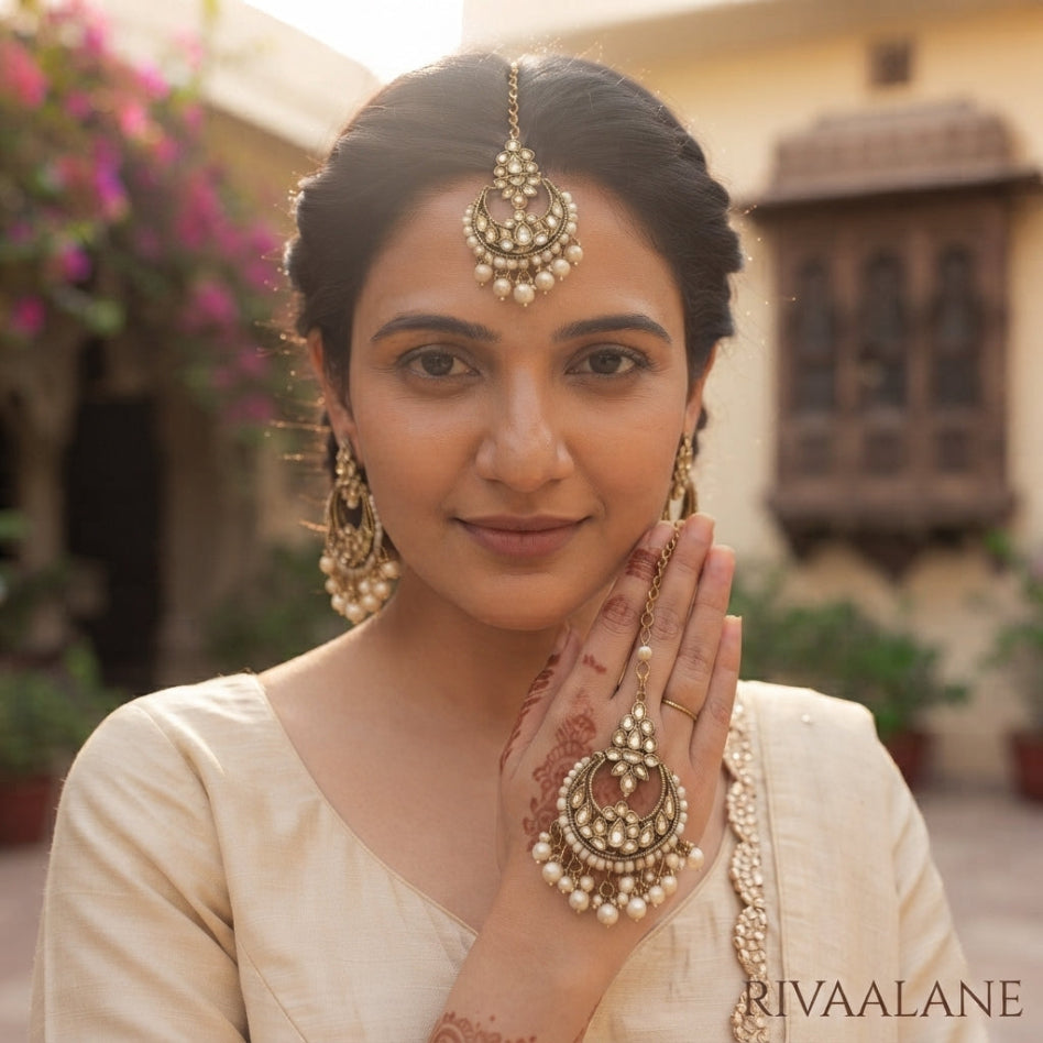 Rivaalane traditional zirconia chandbali earrings and maang tikka set