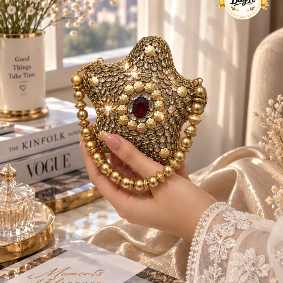 Royal star-shaped Kundan and stone-embellished gold clutch for women