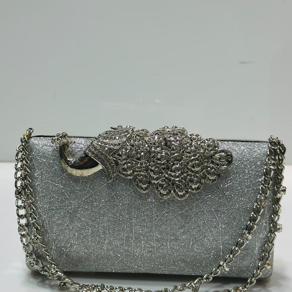 Shimmer party clutch bag with rhinestone chain detail